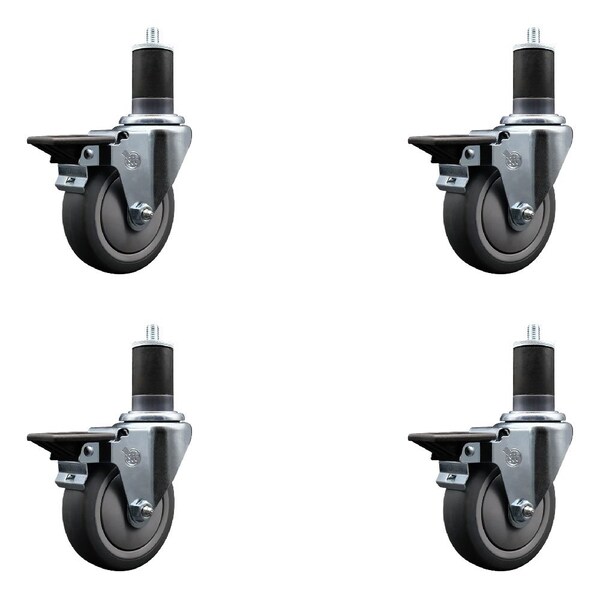 4'' Thermoplastic Rubber Swivel 1-5/8'' Expanding Stem Caster Set with Brake, 4PK